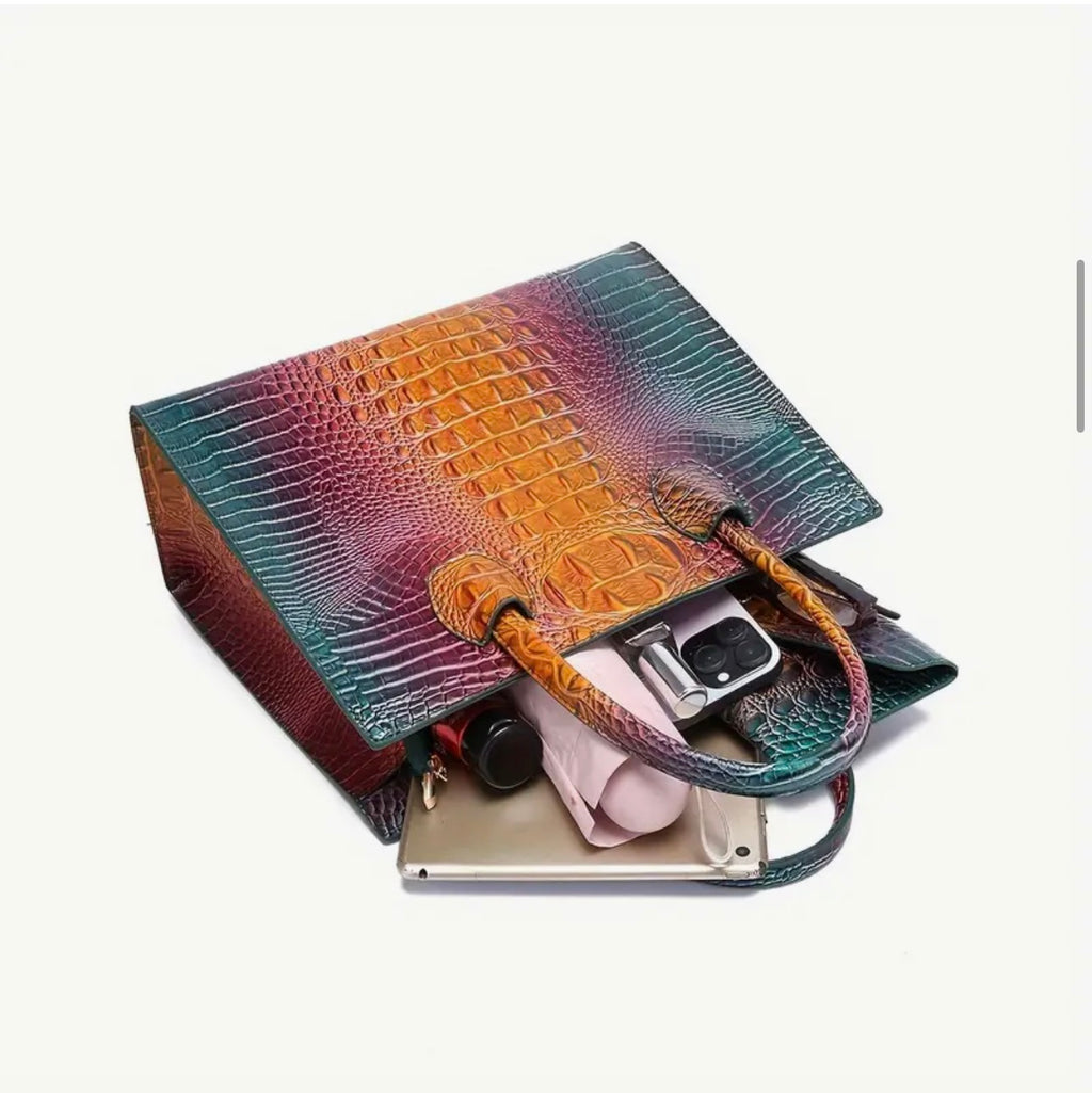 Premium Crocodile Print Green & Brown Shoulder and Handheld Bag SKU SM2144