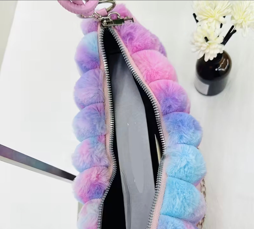 Plush Ombre Faux Fleece Shoulder & Crossbody Bag – Pink/Blue, Lightweight, Large-Capacity Purse SKU SM2136
