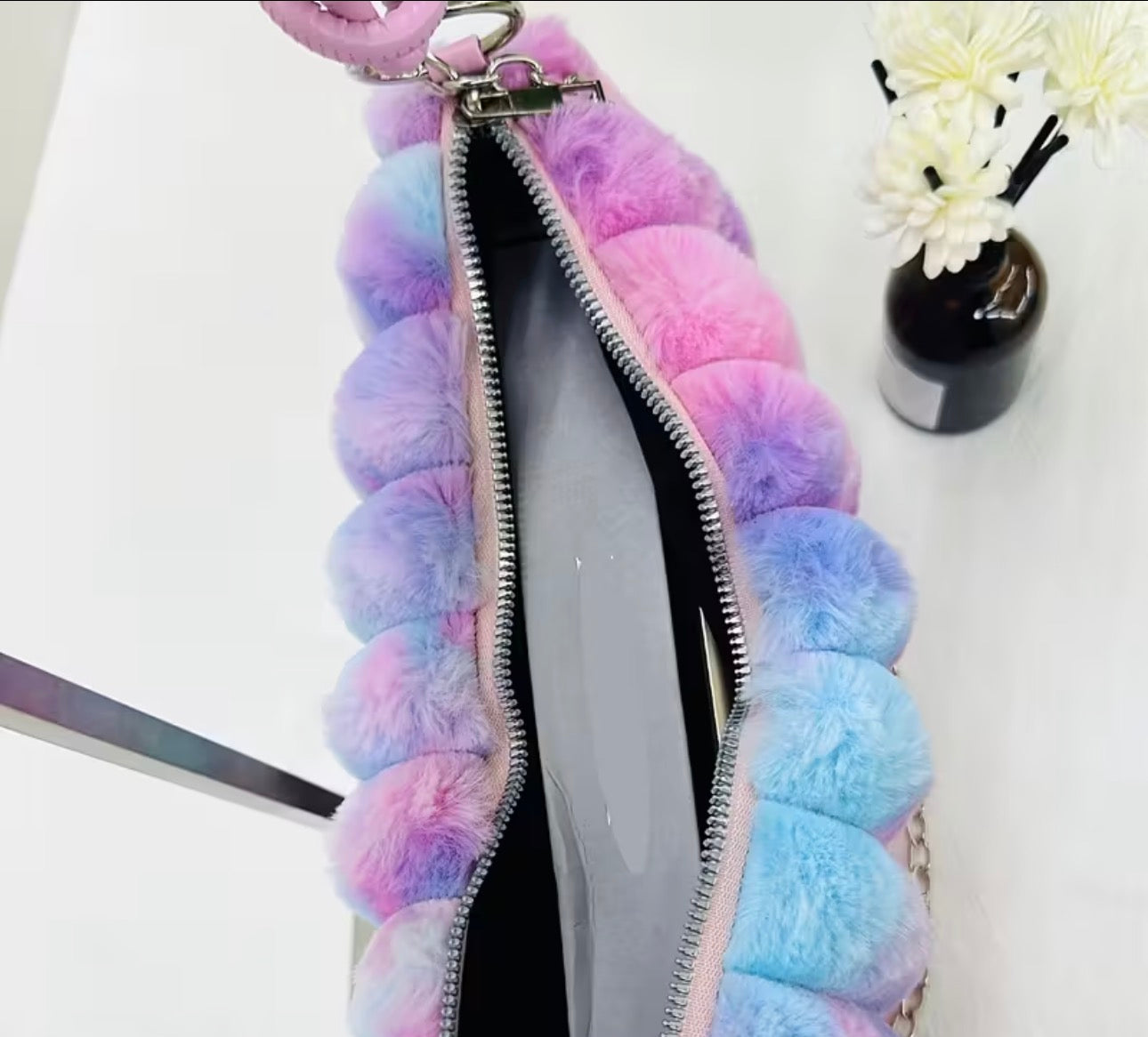 Plush Ombre Faux Fleece Shoulder & Crossbody Bag – Pink/Blue, Lightweight, Large-Capacity Purse SKU SM2136