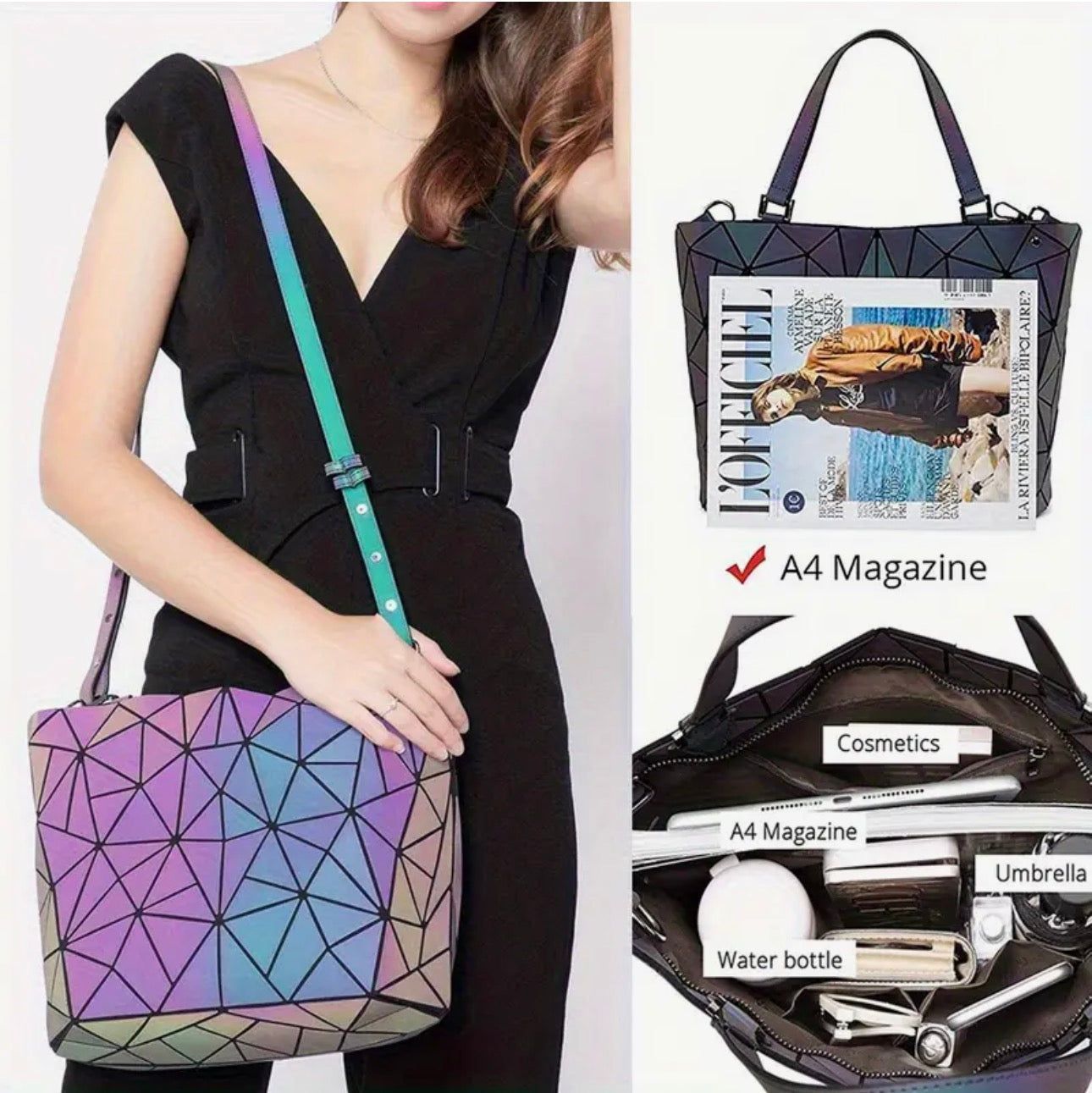 Iridescent Reflective Shoulder Bag – Multi-Shift Color Crossbody Purse SKU SM2137