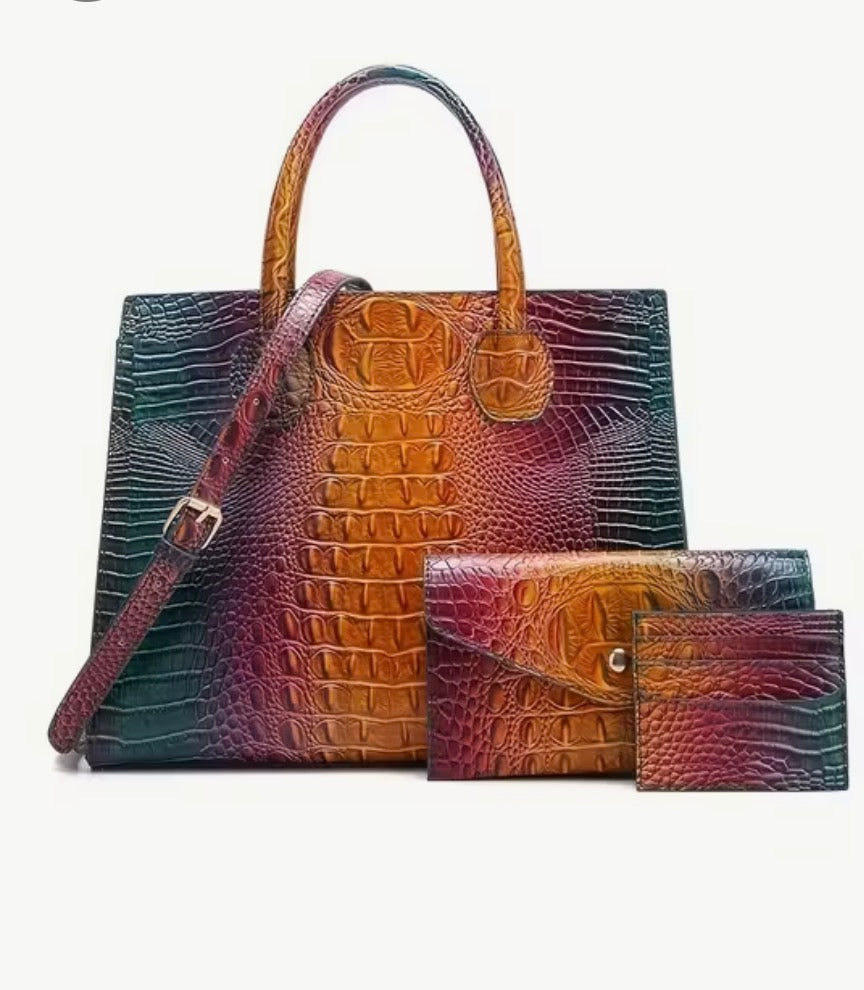 Premium Crocodile Print Green & Brown Shoulder and Handheld Bag SKU SM2144