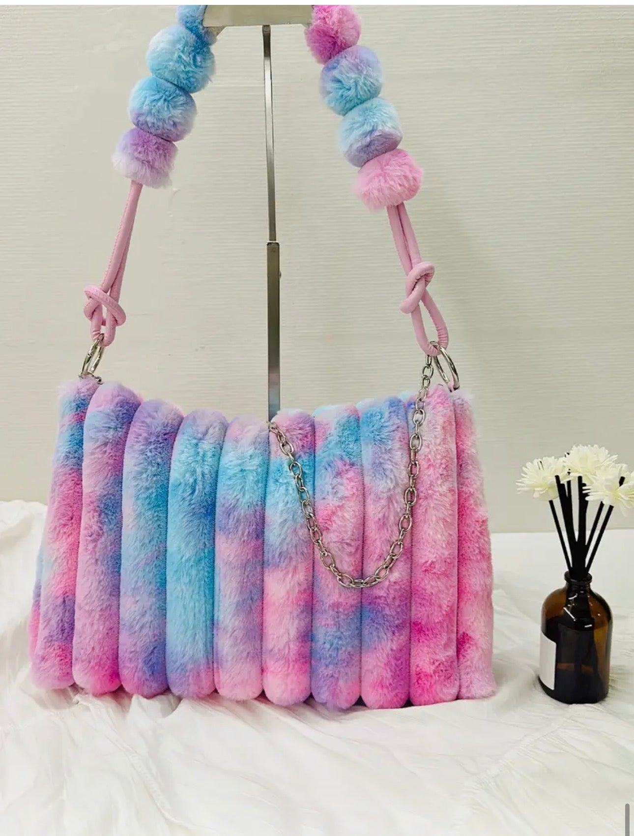 Plush Ombre Faux Fleece Shoulder & Crossbody Bag – Pink/Blue, Lightweight, Large-Capacity Purse SKU SM2136