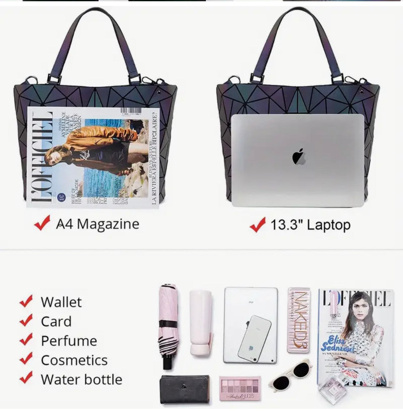 Iridescent Reflective Shoulder Bag – Multi-Shift Color Crossbody Purse SKU SM2137