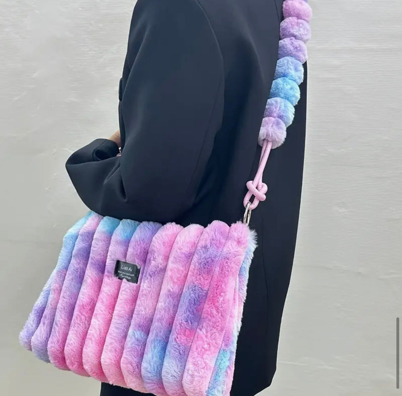 Plush Ombre Faux Fleece Shoulder & Crossbody Bag – Pink/Blue, Lightweight, Large-Capacity Purse SKU SM2136