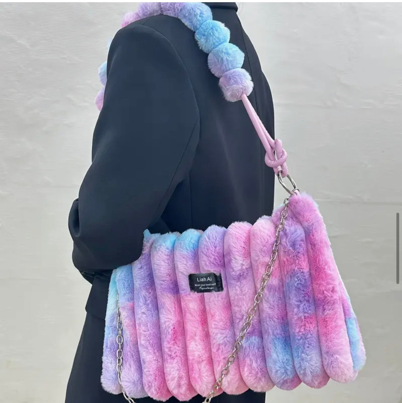 Plush Ombre Faux Fleece Shoulder & Crossbody Bag – Pink/Blue, Lightweight, Large-Capacity Purse SKU SM2136