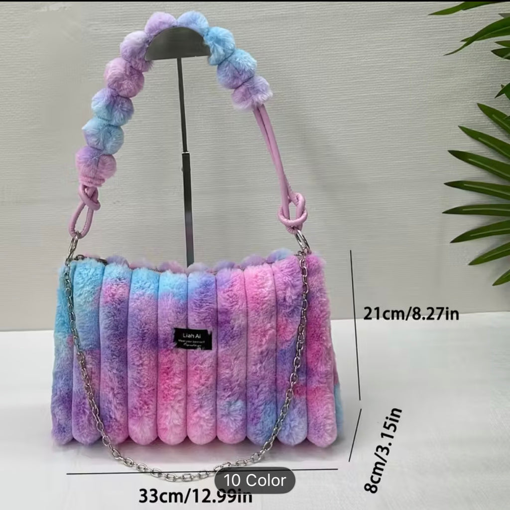 Plush Ombre Faux Fleece Shoulder & Crossbody Bag – Pink/Blue, Lightweight, Large-Capacity Purse SKU SM2136