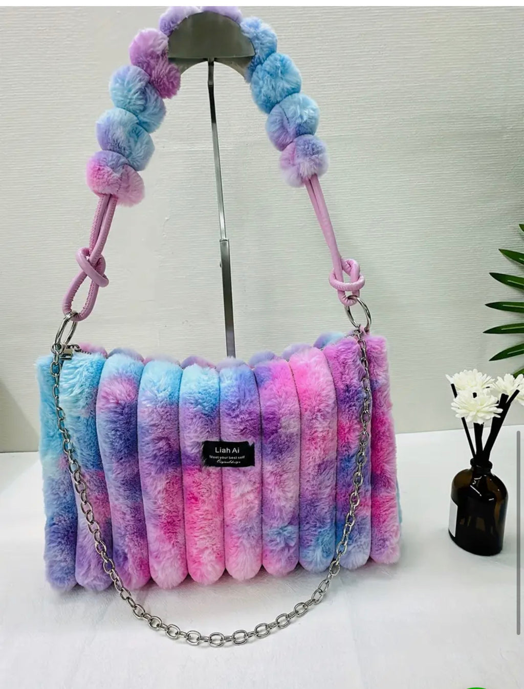 Plush Ombre Faux Fleece Shoulder & Crossbody Bag – Pink/Blue, Lightweight, Large-Capacity Purse SKU SM2136